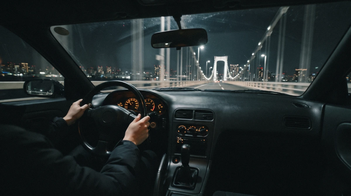 Passenger riding in a tuned coupe crossing the Rainbow Bridge at night on a jdm car tour in Tokyo
