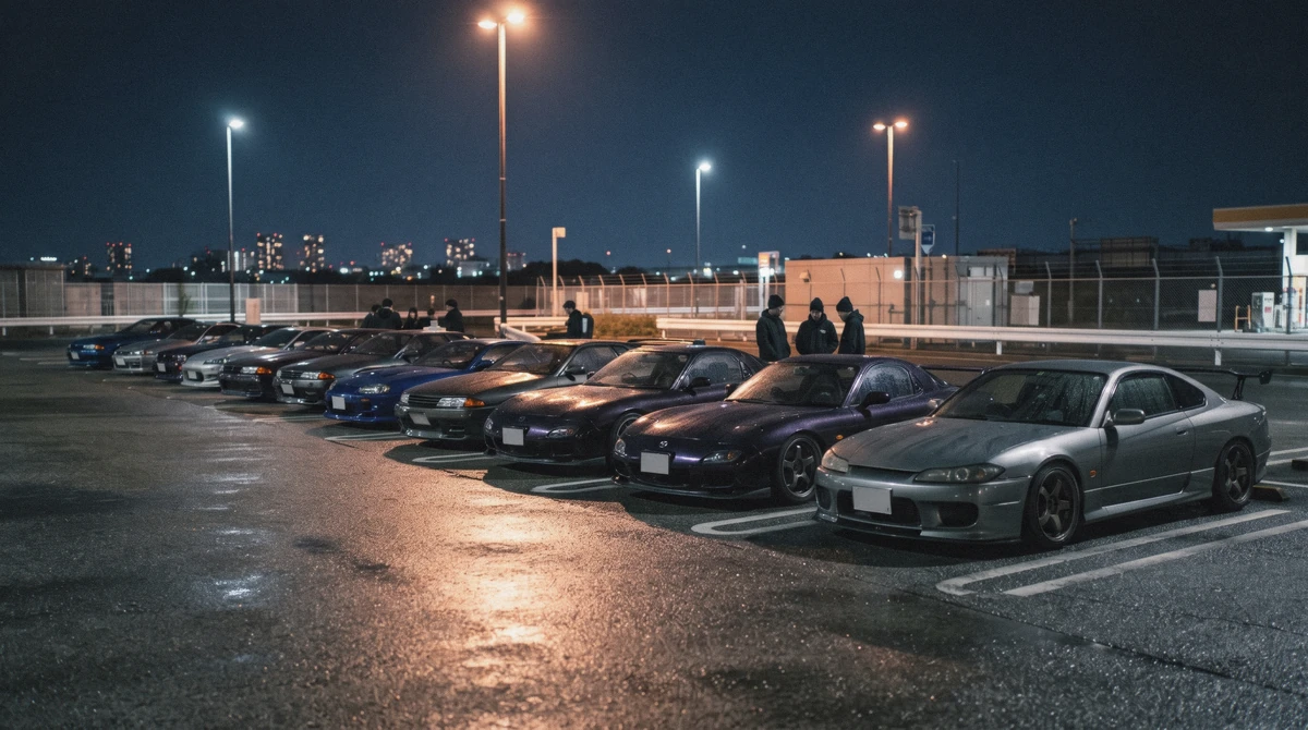 Rows of tuned cars gathered under floodlights at night on a jdm car tour in Tokyo