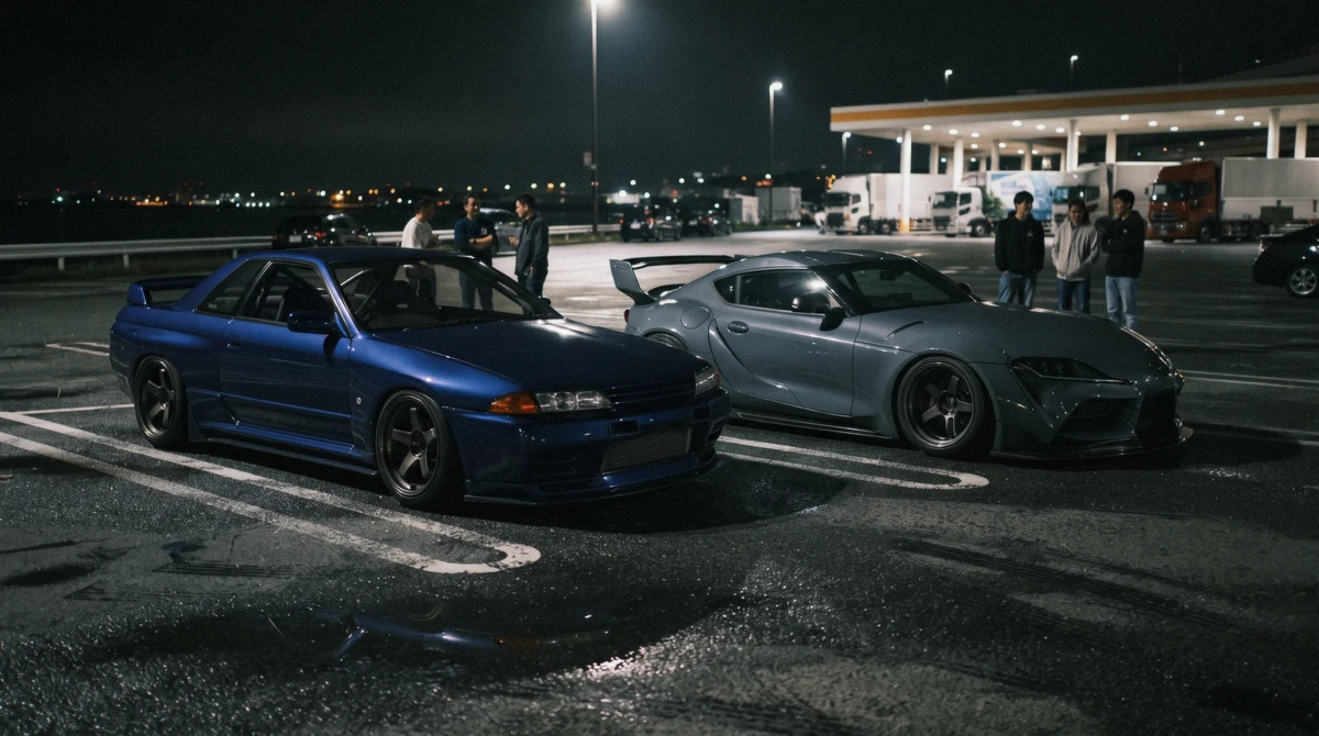 A tuned coupe and a wide-body sports car parked side by side at the floodlit meet on a jdm car tour in Tokyo