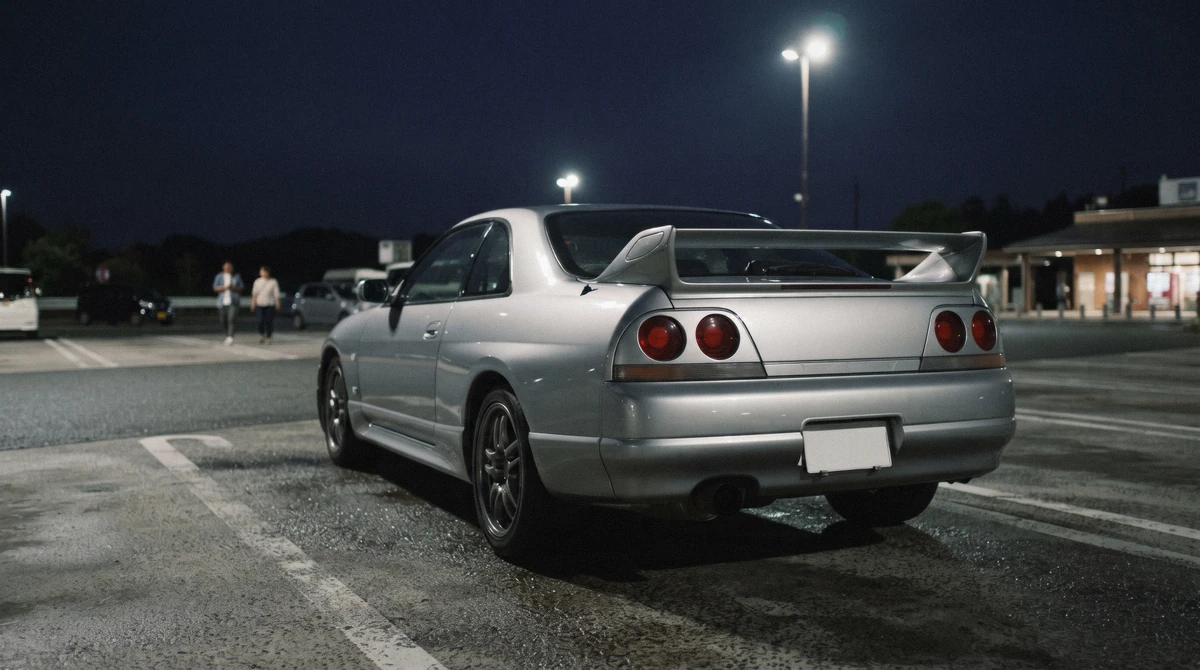 Silver Nissan Skyline parked among tuned cars under night floodlights on a jdm car tour in Tokyo