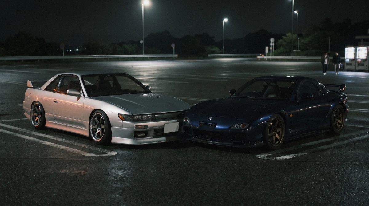 A silver coupe and a dark coupe parked side by side at the floodlit meet on a jdm car tour in Tokyo