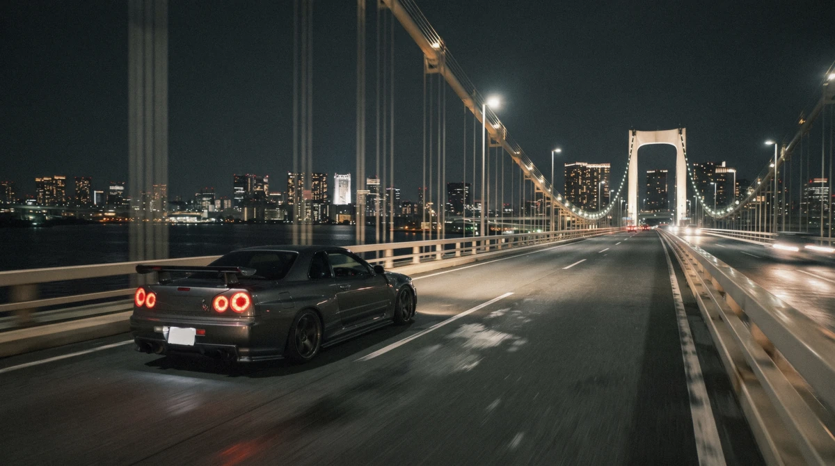 A tuned coupe crossing the illuminated Rainbow Bridge at night on a jdm car tour in Tokyo